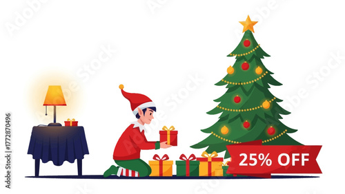 Holiday Elf Decorating: Festive elf is decorating and arranging gifts under a radiant holiday tree, symbolizing the joyous atmosphere of gift-giving and seasonal celebrations.