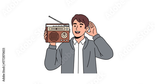 Illustration of a man holding an old-fashioned radio to his ear, listening intently with a smile, on a white background