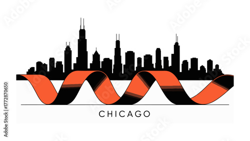 Chicago Skyline Silhouette: A striking architectural skyline of Chicago, showcasing its iconic buildings in silhouette, paired with a dynamic.
