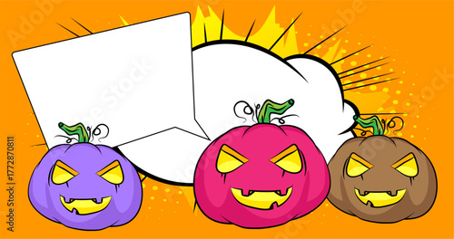 Cartoon Jack-O-Lantern, Halloween Pumpkin with blank speech bubble, comic book holiday background. Retro vector comics pop art design.