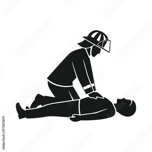 Firefighter performing cpr on a person lying on the ground Illustration.