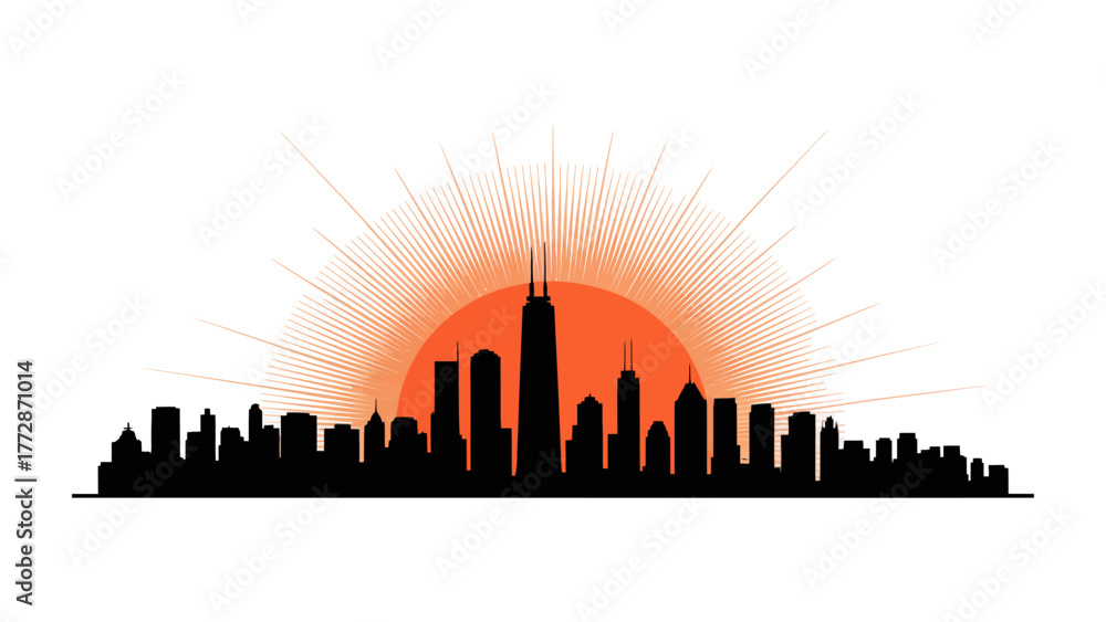 Naklejka premium City Silhouette against the Dawn: An iconic city skyline is silhouetted against a radiant sunrise, a symbol of urban dynamism and the dawn of a new day.