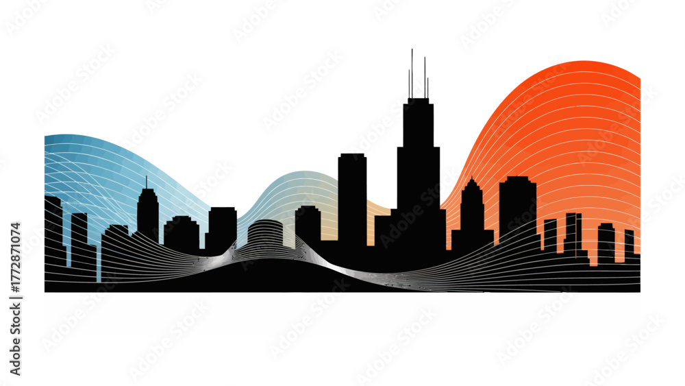 Fototapeta premium Chicago Cityscape Silhouette: An artistic silhouette captures the iconic Chicago skyline, with towering skyscrapers and architectural elements standing proudly against a backdrop of colorful.