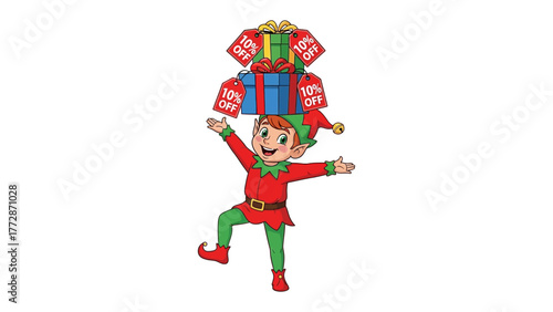 Gift-Bearing Elf: A cheerful elf balances a stack of colorful gift boxes and discount tags with an inviting smile, celebrating the joy of giving and the excitement of holiday sales. 