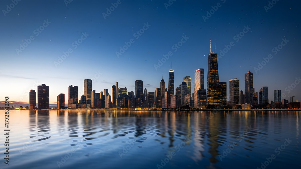 Fototapeta premium A high-resolution photo of a photorealistic city skyline at night.