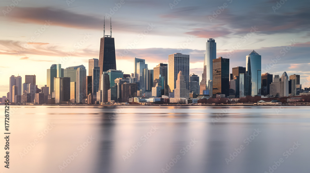 Obraz premium A photo of a major city skyline with reflections on water.