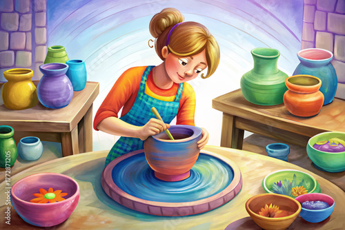 Female artisan painting glaze vector illustration on ceramic bowl in modern pottery workshop