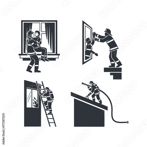 Firefighters in action icons set, demonstrating various actions, rescue and firefighting techniques, bravery and dedication in various emergency scenarios