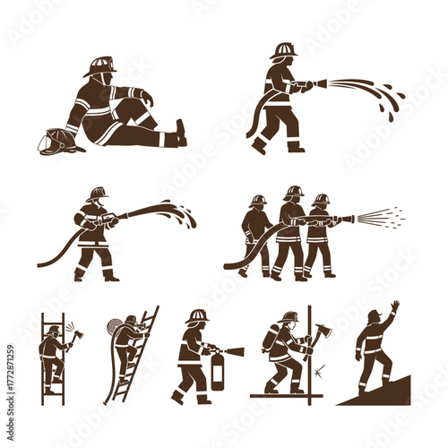 Firefighters in action icons set, demonstrating various actions, rescue and firefighting techniques, bravery and dedication in various emergency scenarios