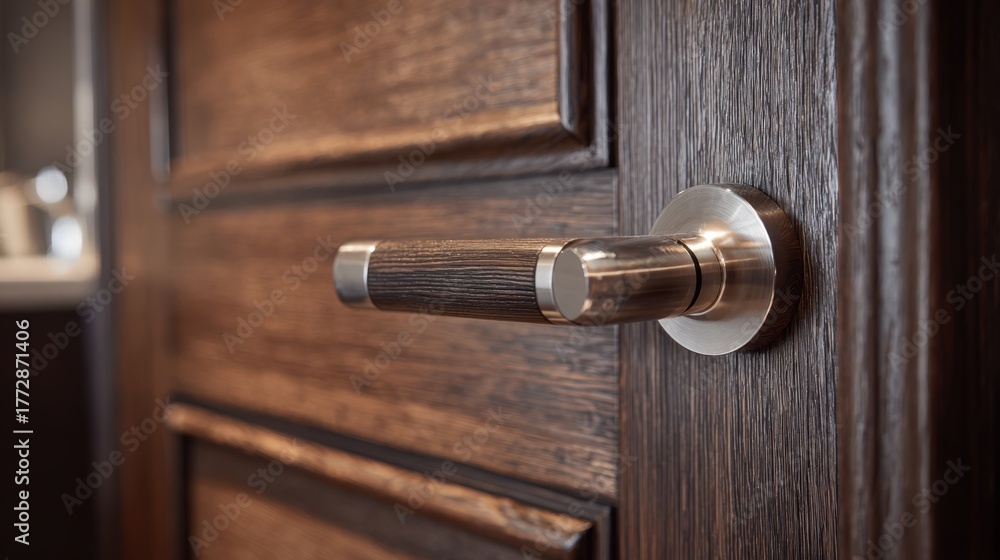 Obraz premium A detailed view of a sleek door handle highlighting the beauty of modern design in a cozy interior.