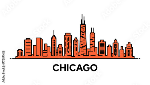 Chicago Cityscape Silhouette: A minimalist, artistic line drawing of Chicago's iconic skyline, showcasing its architectural marvels and urban character.