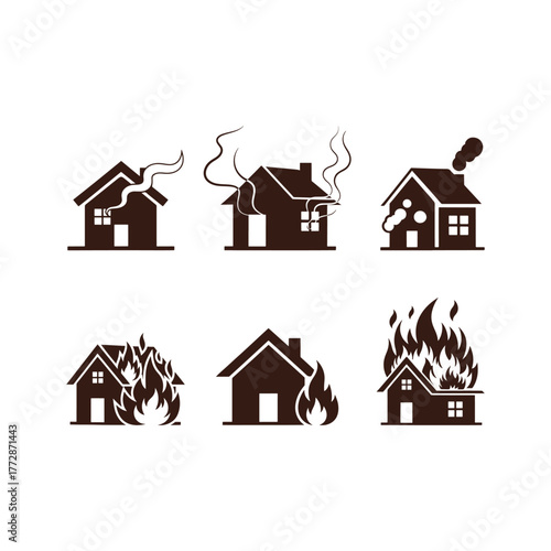 Houses in different stages of fire damage icons set, from smoke to complete destruction