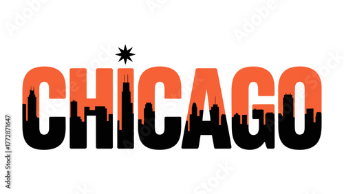 Chicago Skyline Typography: A dynamic urban skyline silhouettes the word Chicago, conveying the city's essence through striking typography.