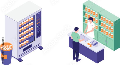 Isometric illustration of pharmacy interior with pharmacist assisting customer at counter, medicine shelves and vending machine in modern drugstore