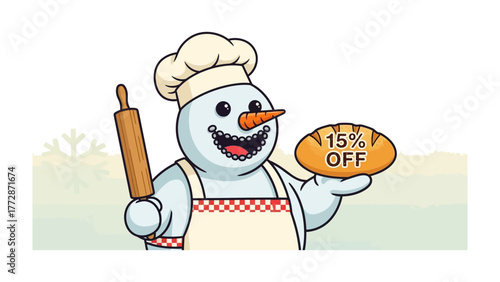 Snowman Baker Offers: A cheerful snowman baker, complete with a chef's hat and apron, presents a freshly baked loaf of bread, advertising a special 15% discount.