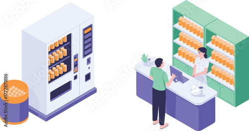 Isometric illustration of pharmacy interior with pharmacist assisting customer at counter, medicine shelves and vending machine in modern drugstore
