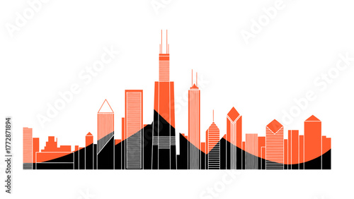 Chicago Skyline Silhouette: a minimalist depiction of Chicago's architectural prowess, rendered in striking orange and black, evoking the urban landscape.