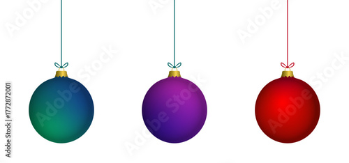 Christmas 3d purple, blue, red hanging balls set vector illustration. Merry christmas baubles collection to use for christmas card, greetings, xmas, winter holiday, new year projects. 