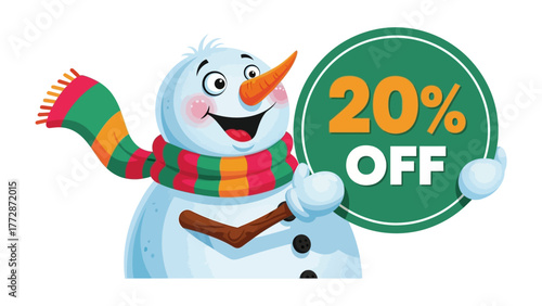 Festive Offer: A cheerful snowman, adorned with a colorful scarf, joyfully presents a 20% OFF sale, inviting customers to embrace the savings.
