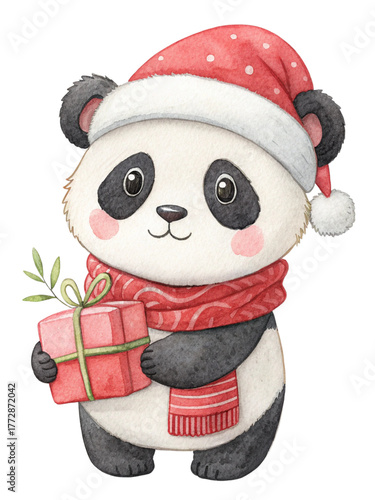 Cute Christmas Panda Watercolor Illustration 