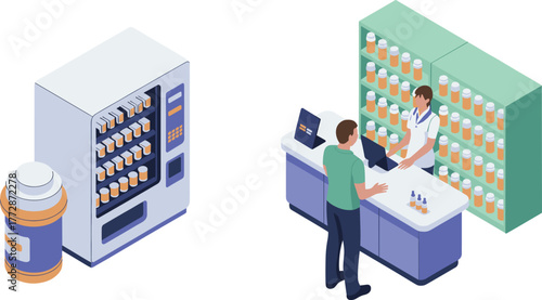 Isometric illustration of pharmacy interior with pharmacist assisting customer at counter, medicine shelves and vending machine in modern drugstore