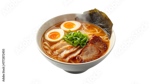 Classic ramen noodle soup with chashu pork, png, isolated on transparent background, perfect for food marketing and advertising
