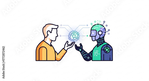 Human and robot exchanging digital information, symbolizing the interaction between artificial intelligence and humanity