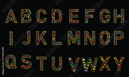 Alphabet letters display yellow outline containing colorful polka dots on a black background offer educational fun
