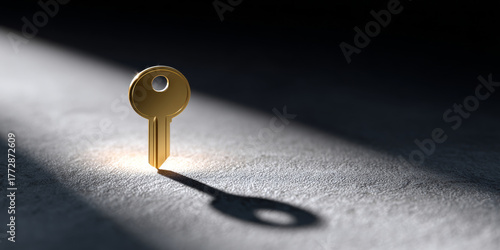 A golden key casting a shadow on the ground, with light shining down from above it