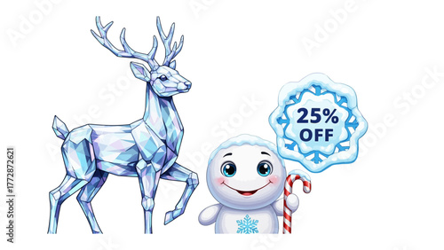 Festive Winter Sale: A charming illustration featuring an ice sculpture of a deer and a whimsical snowman, adorned with a 25% off promotion.