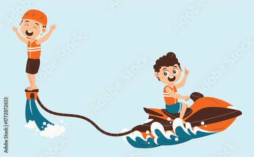 Kids Enjoying Water Sports on Jet Ski and Flyboard