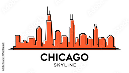 Chicago Skyline: A stylized skyline silhouette with vibrant orange accents, a sleek modern representation of an iconic cityscape.