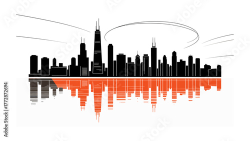 Chicago Skyline Silhouette: A striking silhouette of the iconic Chicago skyline, with a mirror-like reflection, creates a dynamic visual representing urban architecture and modern city design.