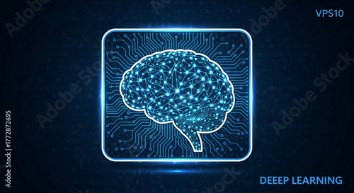 Artificial intelligence brain circuit board with glowing nodes and connections, representing deep learning and neural network technology in a futuristic design