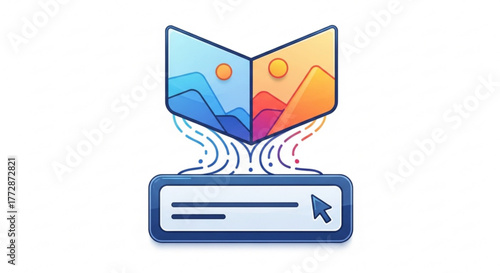 Creative content marketing concept with book and search bar, representing the process of creating and promoting valuable online content