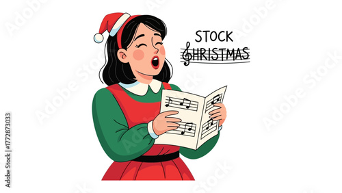Joyful Christmas Caroler: A charming girl, adorned in festive attire, sings with heartfelt passion from a sheet of music, filling the air with the spirit of the season.