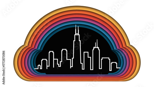 Chicago Skyline Silhouette: The striking outline of a vibrant city skyline, depicted with modern lines, forming a stunning silhouette against a backdrop of colorful, layered arcs.