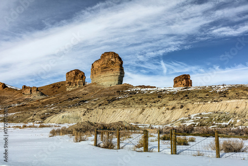 Iconic Twin Rocks and Castle Rock Formations in Winter, Green River, Wyoming