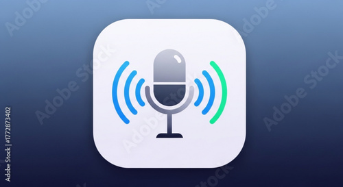 Icon of a microphone with sound waves on a gradient blue background, symbolizing voice recognition, audio recording, or podcasting applications