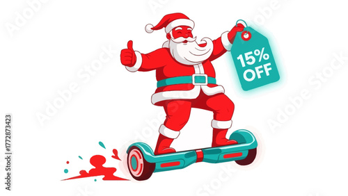 Santa's Hoverboard Deal: A jovial Santa Claus rides a modern hoverboard while holding a sign promoting a 15% OFF discount, embodying the fusion of holiday cheer and tech-savvy savings. 