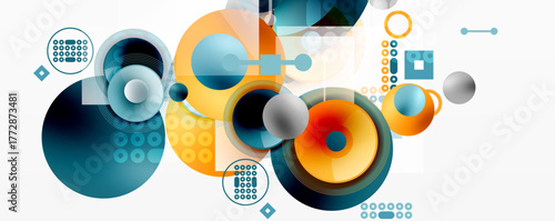 Abstract geometric shapes overlap, creating vibrant composition. Circles, squares, lines form modern design. Colors include blue, orange, teal.