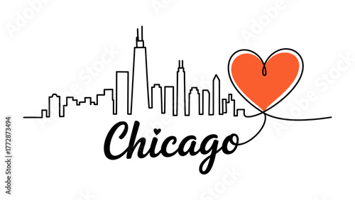 Chicago Skyline: A minimalistic depiction of Chicago's iconic skyline gracefully intertwines with a vibrant heart symbol, creating a visual expression of affection and pride for the city.