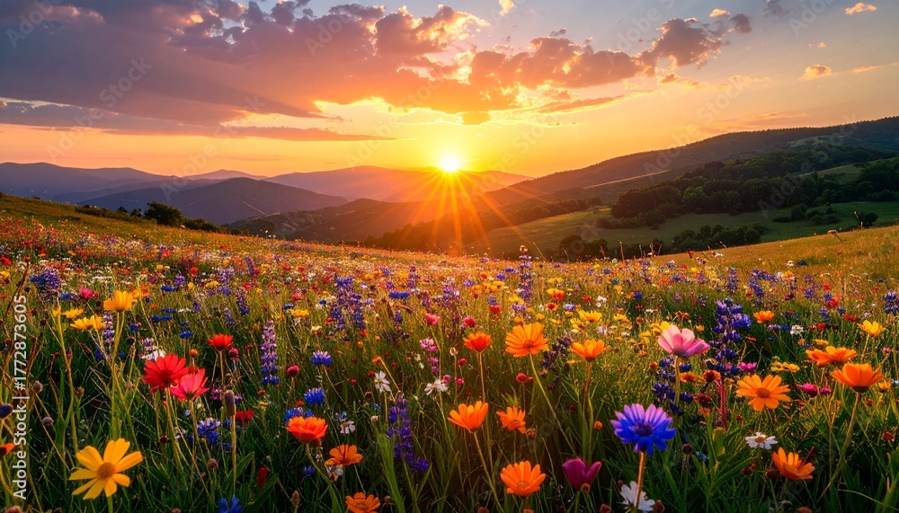 Obraz premium Wildflower Meadow at Sunset A Radiant Display of Nature's Beauty and Serenity