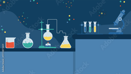 Modern science background featuring microscope flasks test tubes and chemical reactions on blue laboratory table perfect for education research and chemistry design projects