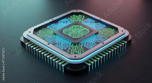 Closeup of a futuristic processor with intricate circuit patterns, showcasing advanced technology and the potential of artificial intelligence and computing power