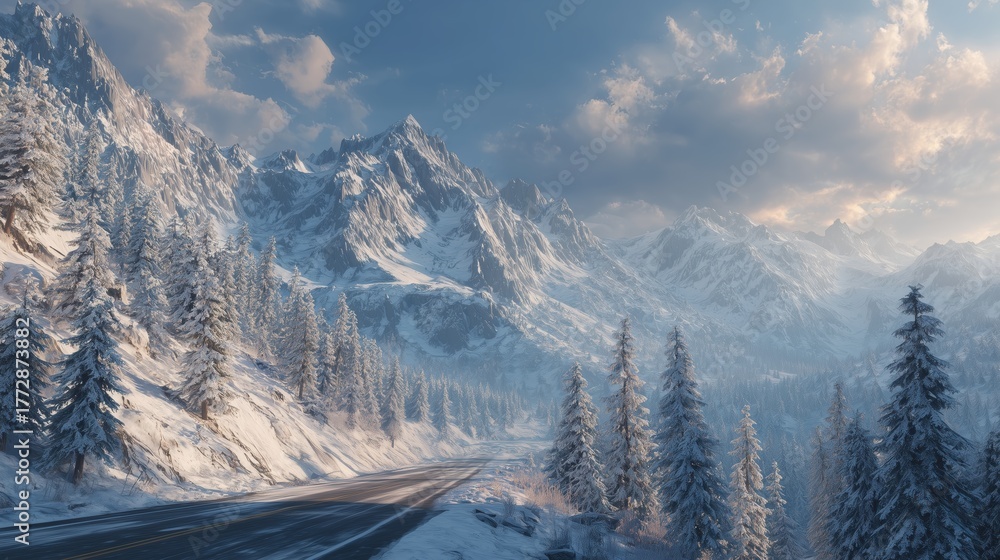 Obraz premium Majestic winter landscape with snow-covered mountains and a winding road under a bright sky