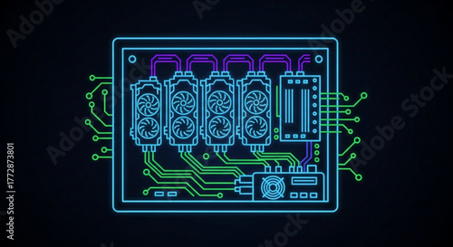 A vibrant neon illustration showcases a cryptocurrency mining rig, highlighting the digital infrastructure behind blockchain technology and decentralized finance