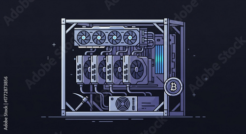A detailed cartoon illustration depicts a cryptocurrency mining rig, emphasizing the hardware and setup required for digital currency generation