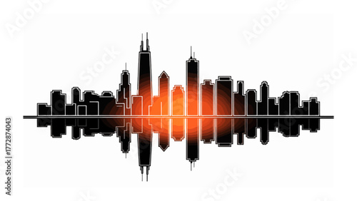 Canvas Print Urban Silhouette and Reflection: A dramatic silhouette of a cityscape against a vibrant orange glow, with a mirror-like reflection creating a sense of balance