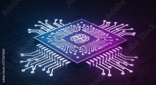 Futuristic microchip with intricate circuit design, symbolizing advanced technology, artificial intelligence, and the power of computer processing